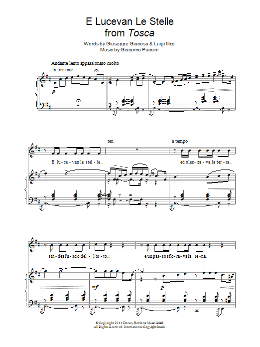 Andrea Bocelli E Lucevan Le Stelle sheet music notes and chords arranged for Piano & Vocal