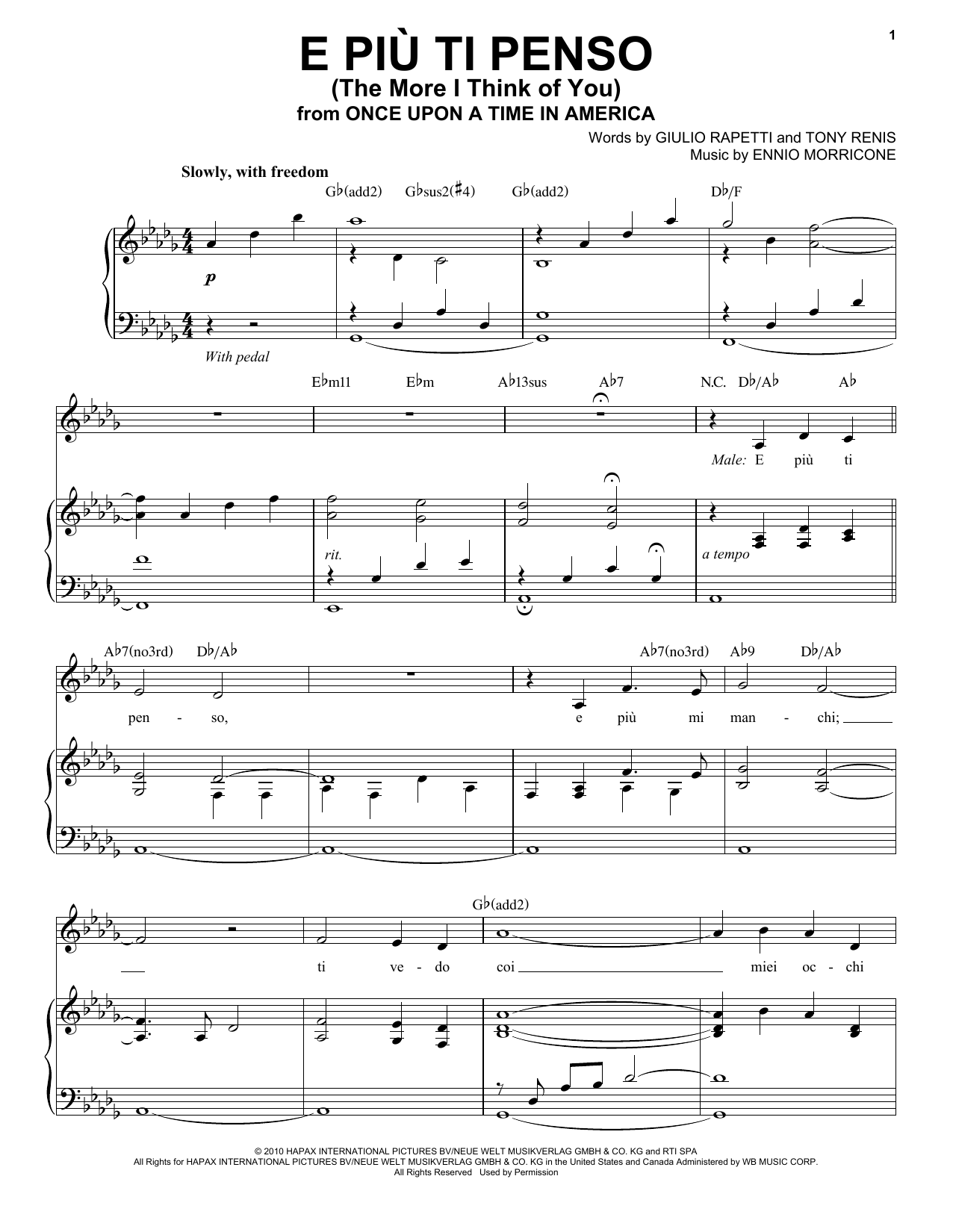 Andrea Bocelli E Piu'ti Penso (The More I Think Of You) sheet music notes and chords arranged for Piano & Vocal