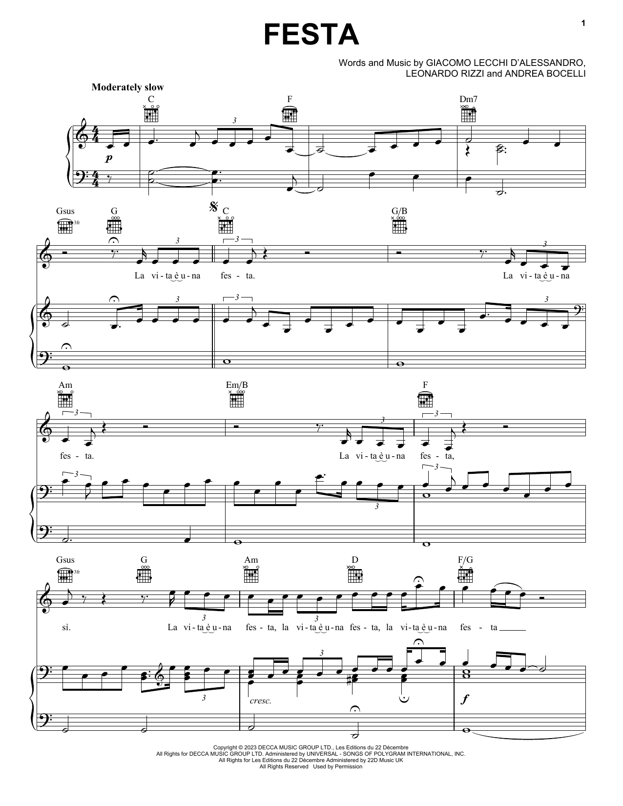 Andrea Bocelli Festa (John Lewis 2023) sheet music notes and chords arranged for Piano, Vocal & Guitar Chords (Right-Hand Melody)