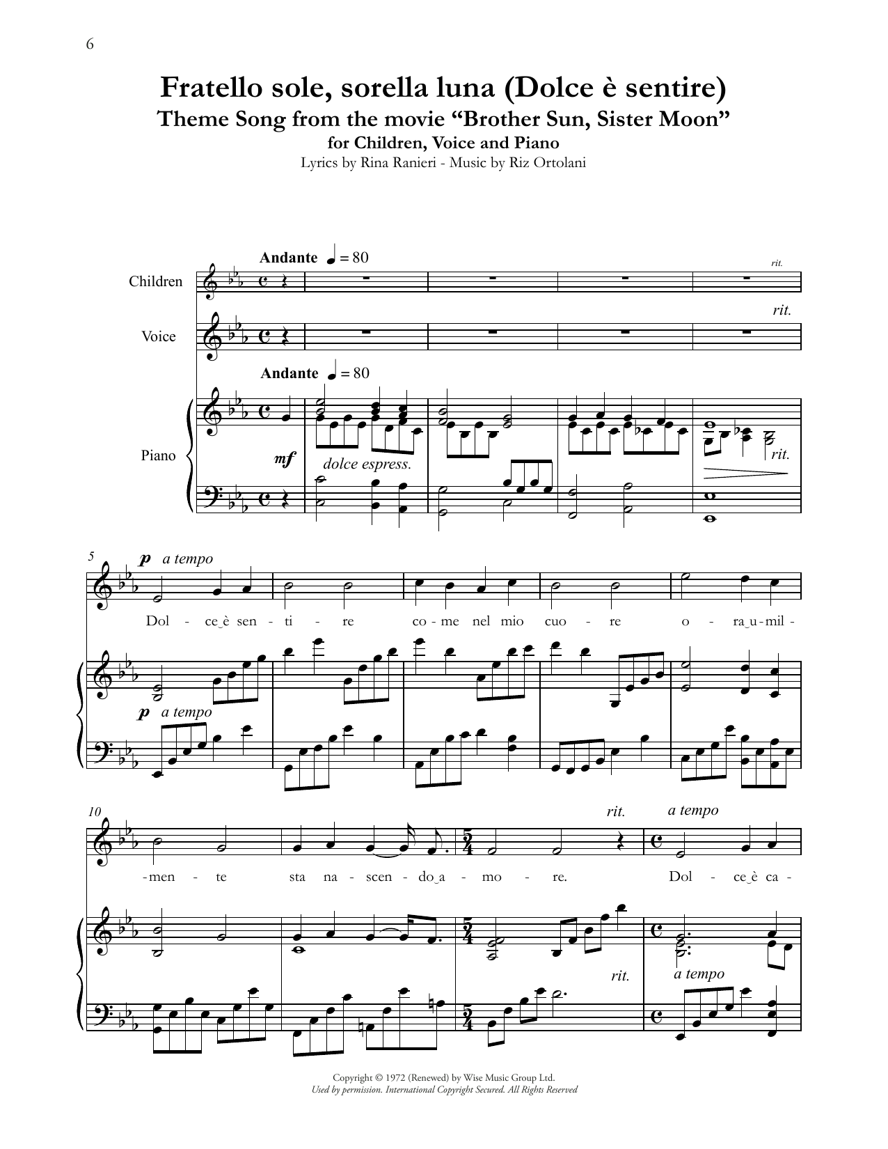 Andrea Bocelli Fratello Sole, Sorella Luna (Dolce è sentire) (Theme from Brother Sun, Sister Moon) sheet music notes and chords arranged for Piano & Vocal