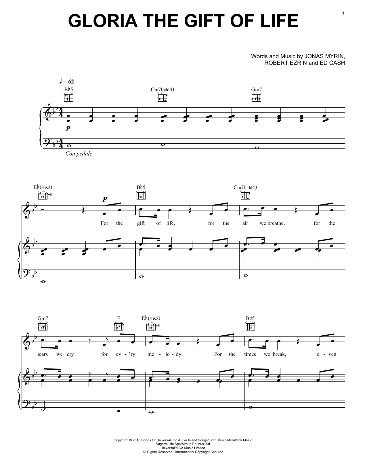 Andrea Bocelli Gloria The Gift Of Life sheet music notes and chords arranged for Piano, Vocal & Guitar Chords (Right-Hand Melody)