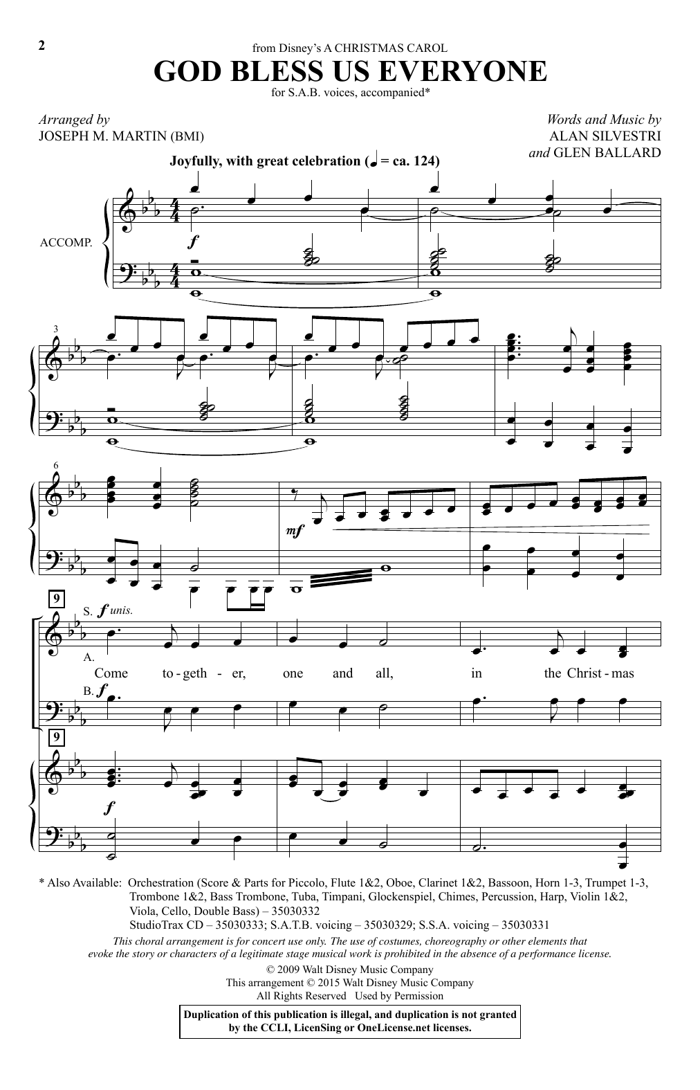 Andrea Bocelli God Bless Us Everyone (from Disney's A Christmas Carol) (arr. Joseph M. Martin) sheet music notes and chords arranged for SAB Choir