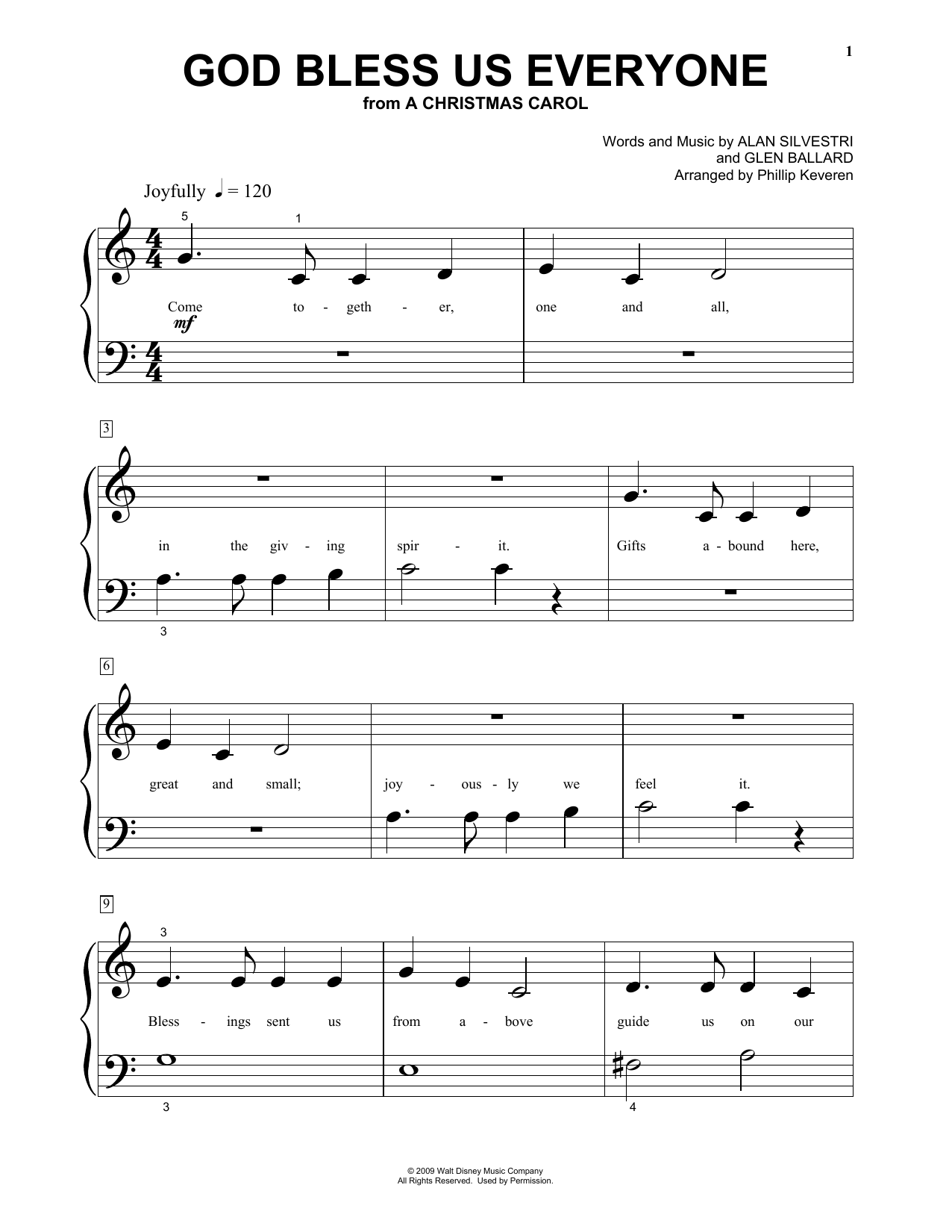 Andrea Bocelli God Bless Us Everyone (from Disney's A Christmas Carol) (arr. Phillip Keveren) sheet music notes and chords arranged for Big Note Piano