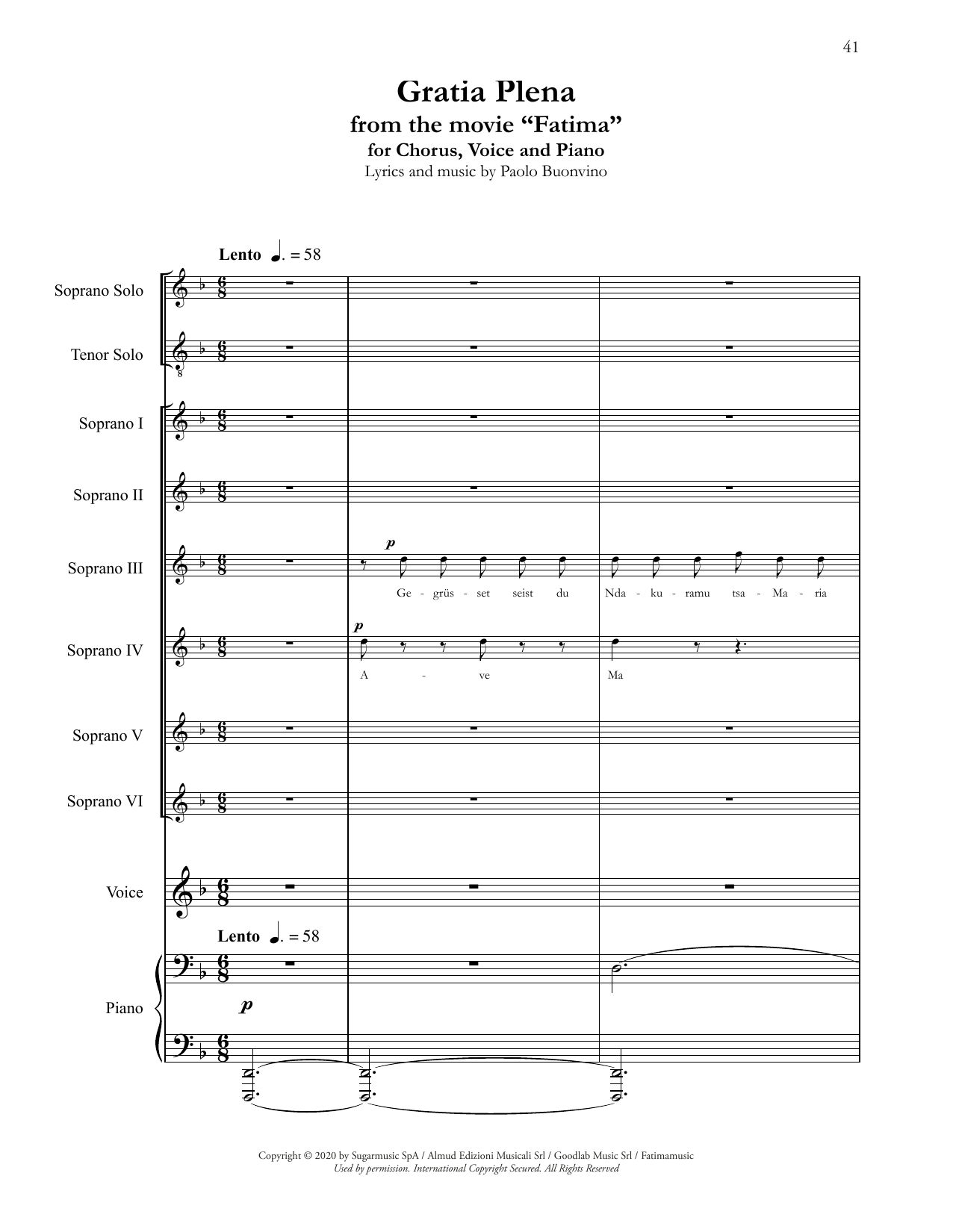 Andrea Bocelli Gratia Plena (from Fatima) sheet music notes and chords arranged for Choir