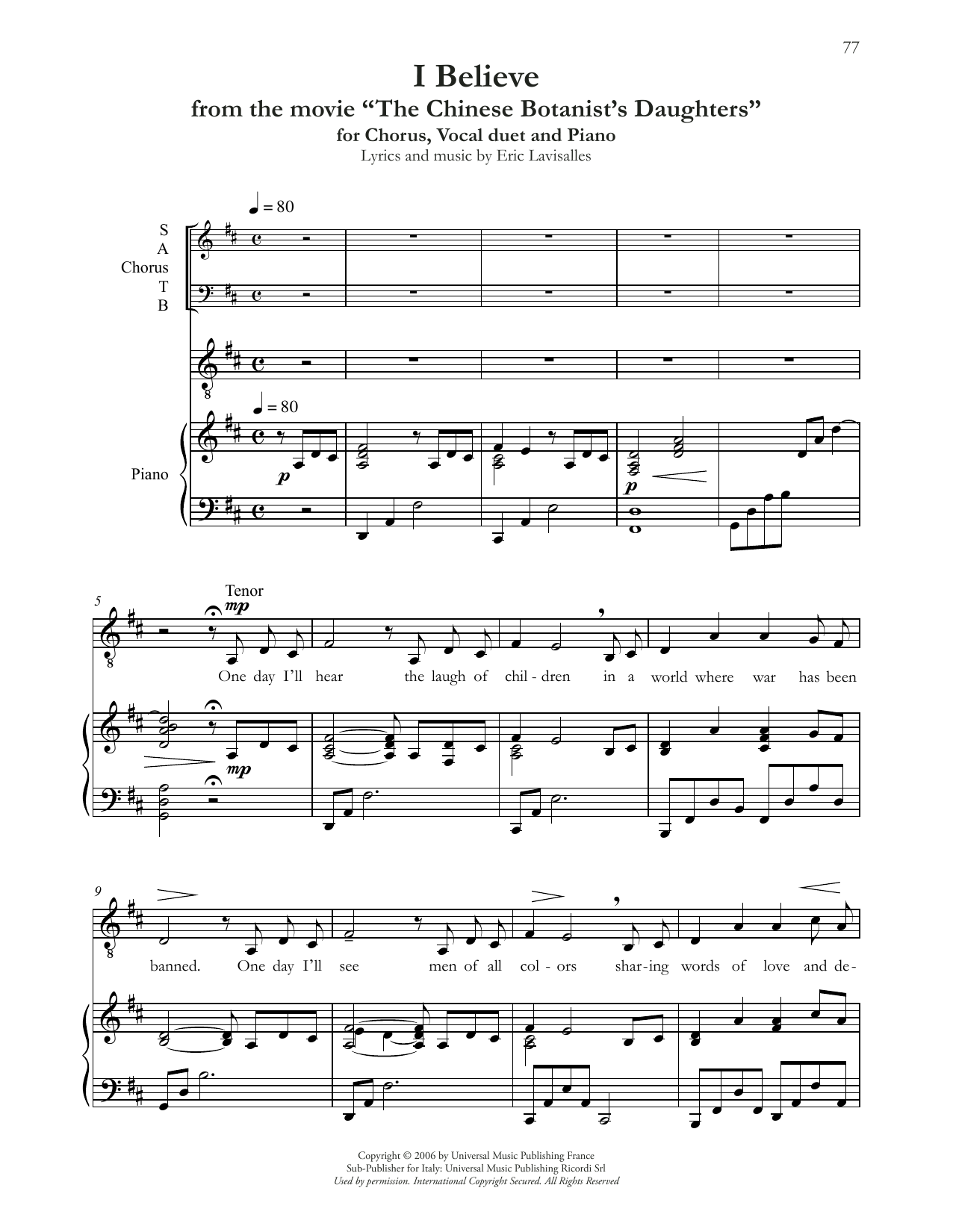 Andrea Bocelli I Believe (from The Chinese Botanist's Daughters) sheet music notes and chords arranged for SATB Choir