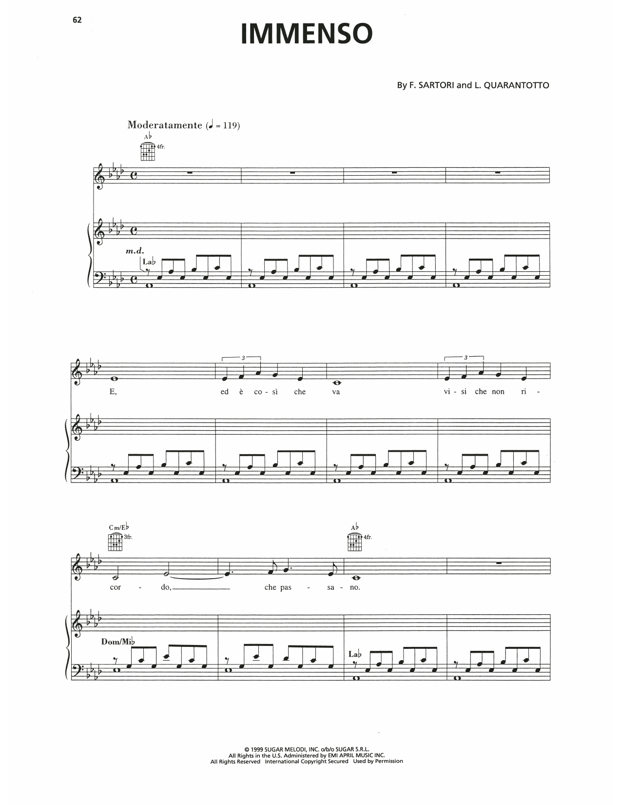 Andrea Bocelli Immenso sheet music notes and chords arranged for Piano, Vocal & Guitar Chords (Right-Hand Melody)