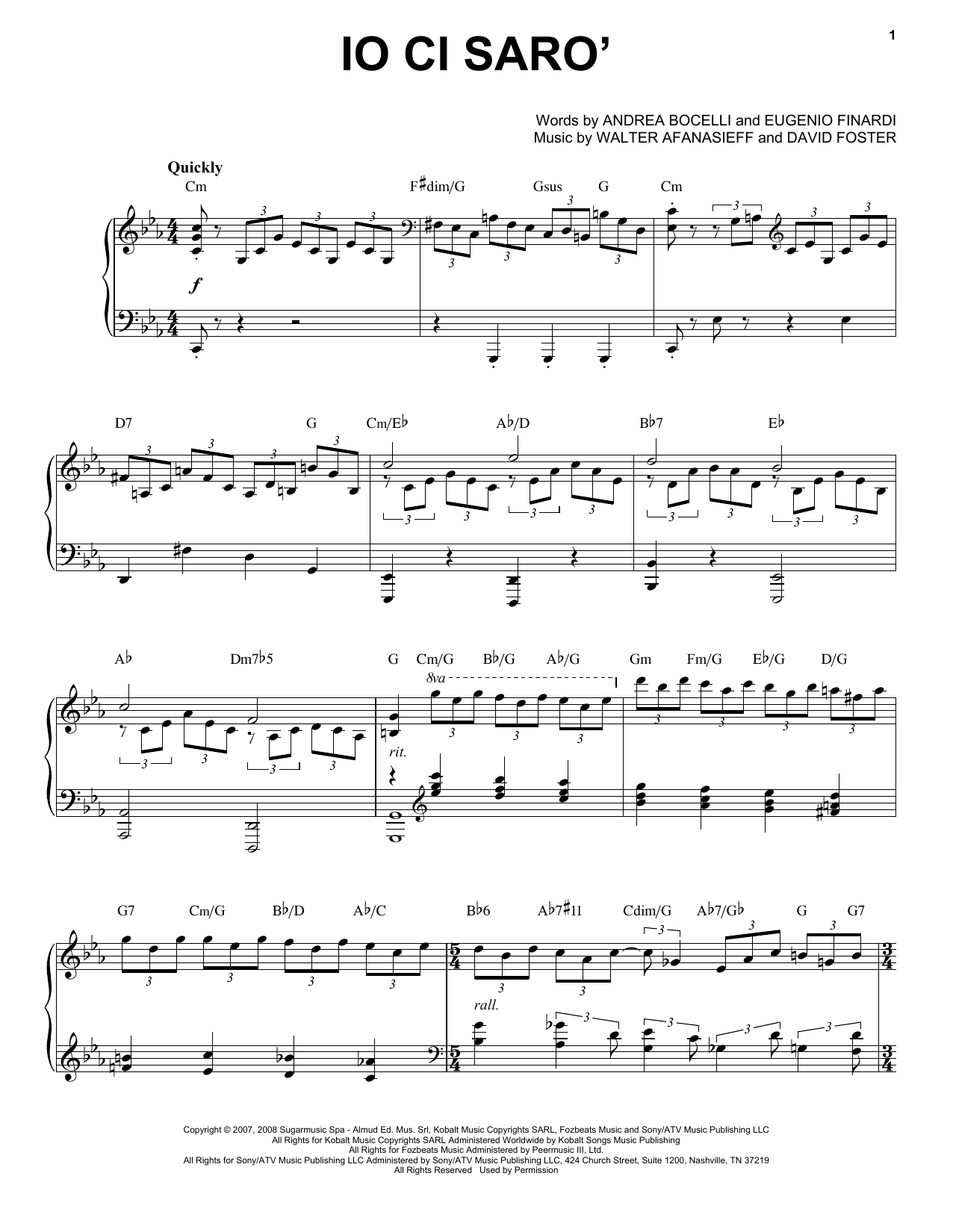 Andrea Bocelli Io Ci Saro' sheet music notes and chords arranged for Piano & Vocal
