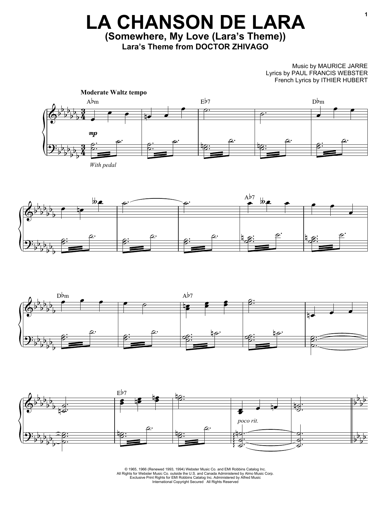 Andrea Bocelli La Chanson De Lara (Somewhere, My Love (Lara's Theme)) sheet music notes and chords arranged for Piano & Vocal