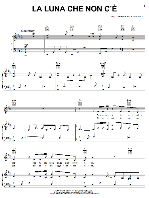 Andrea Bocelli La Luna Che Non C'e sheet music notes and chords arranged for Piano, Vocal & Guitar Chords (Right-Hand Melody)