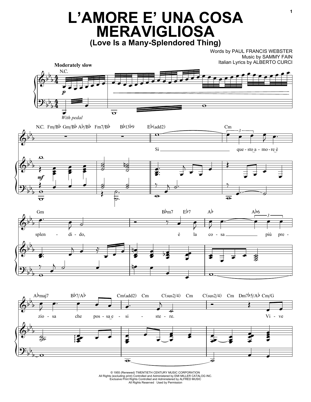 Andrea Bocelli L'Amore E Una Cosa Mervavigliosa (Love Is A Many-Splendored Thing) sheet music notes and chords arranged for Piano & Vocal