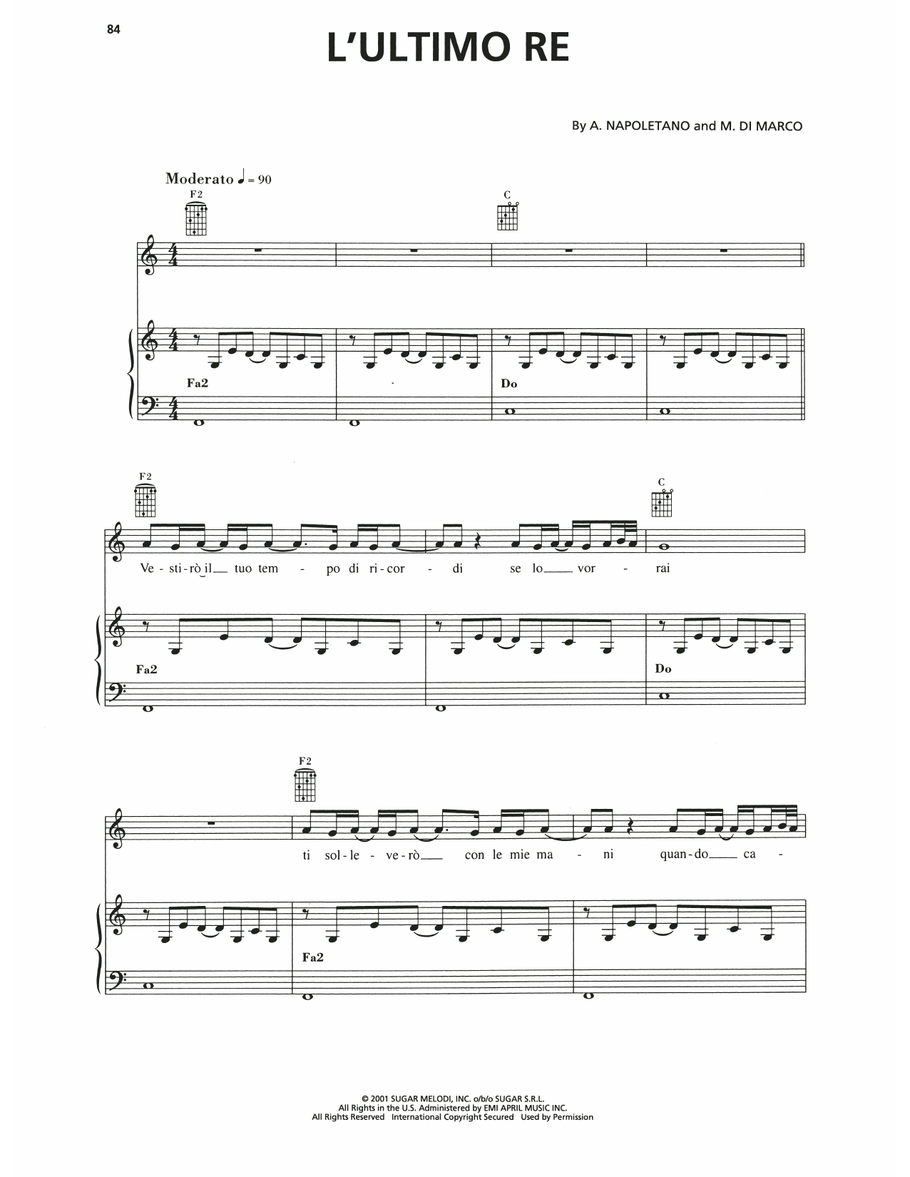 Andrea Bocelli L'Ultimo Re sheet music notes and chords arranged for Piano, Vocal & Guitar Chords (Right-Hand Melody)