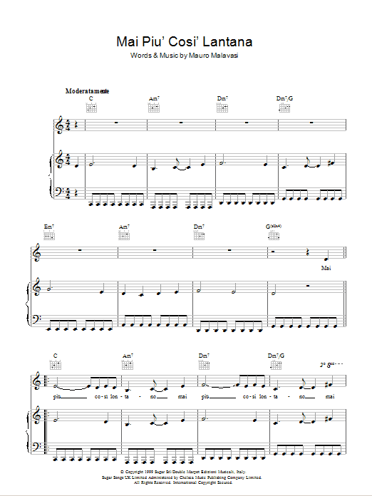 Andrea Bocelli Mai Piu' Cosi' Lontano sheet music notes and chords arranged for Piano, Vocal & Guitar Chords