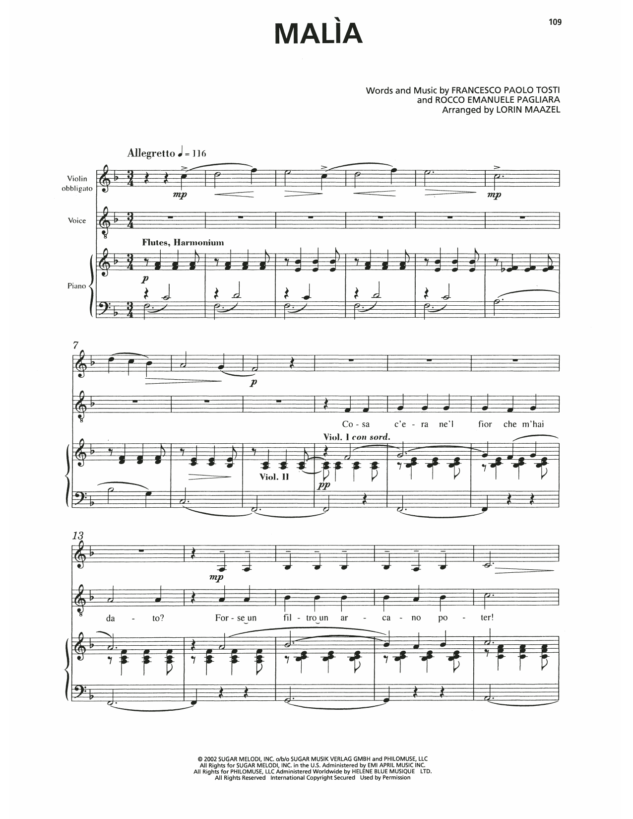 Andrea Bocelli Malia sheet music notes and chords arranged for Piano, Vocal & Guitar Chords (Right-Hand Melody)