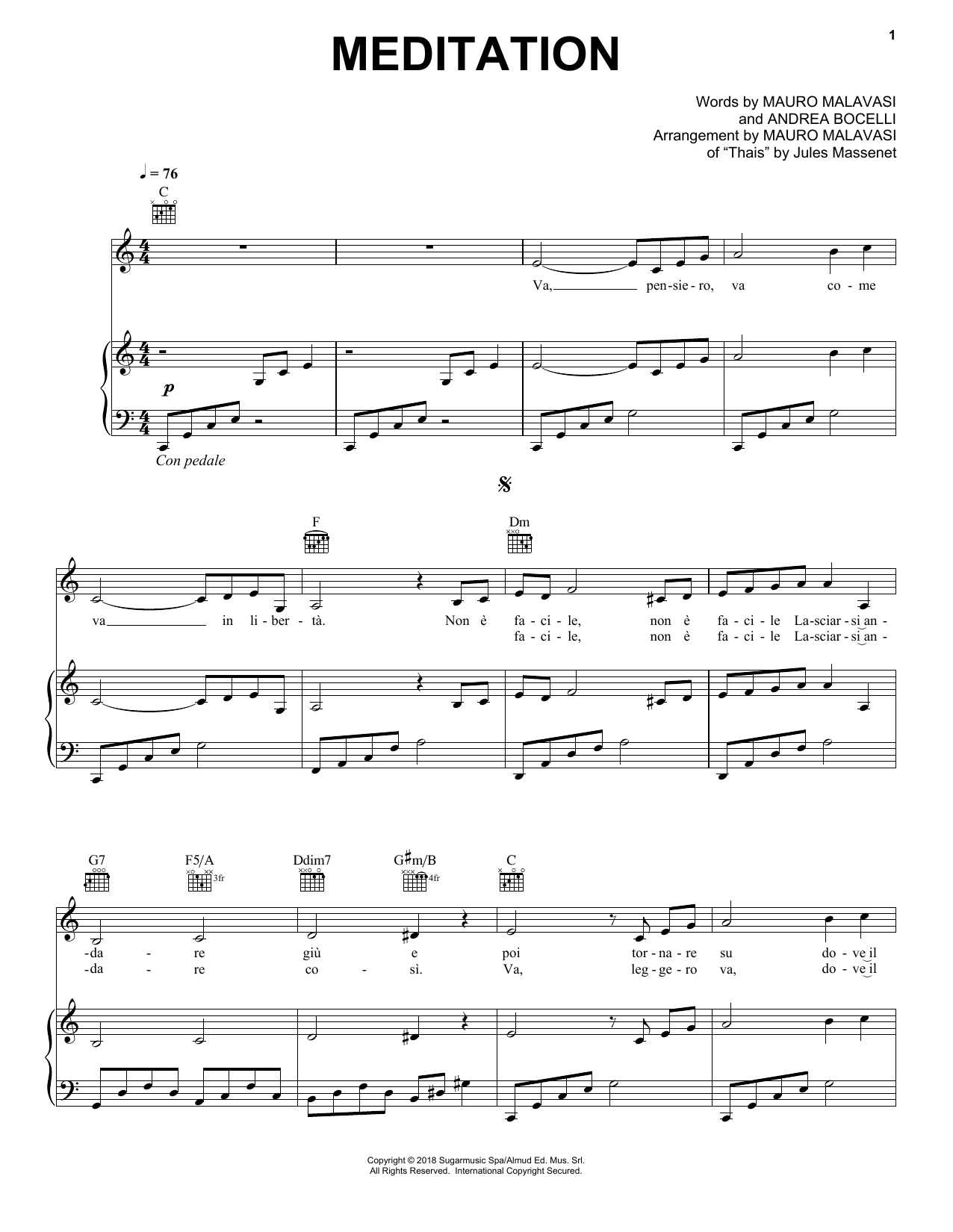 Andrea Bocelli Meditation sheet music notes and chords arranged for Piano, Vocal & Guitar Chords (Right-Hand Melody)