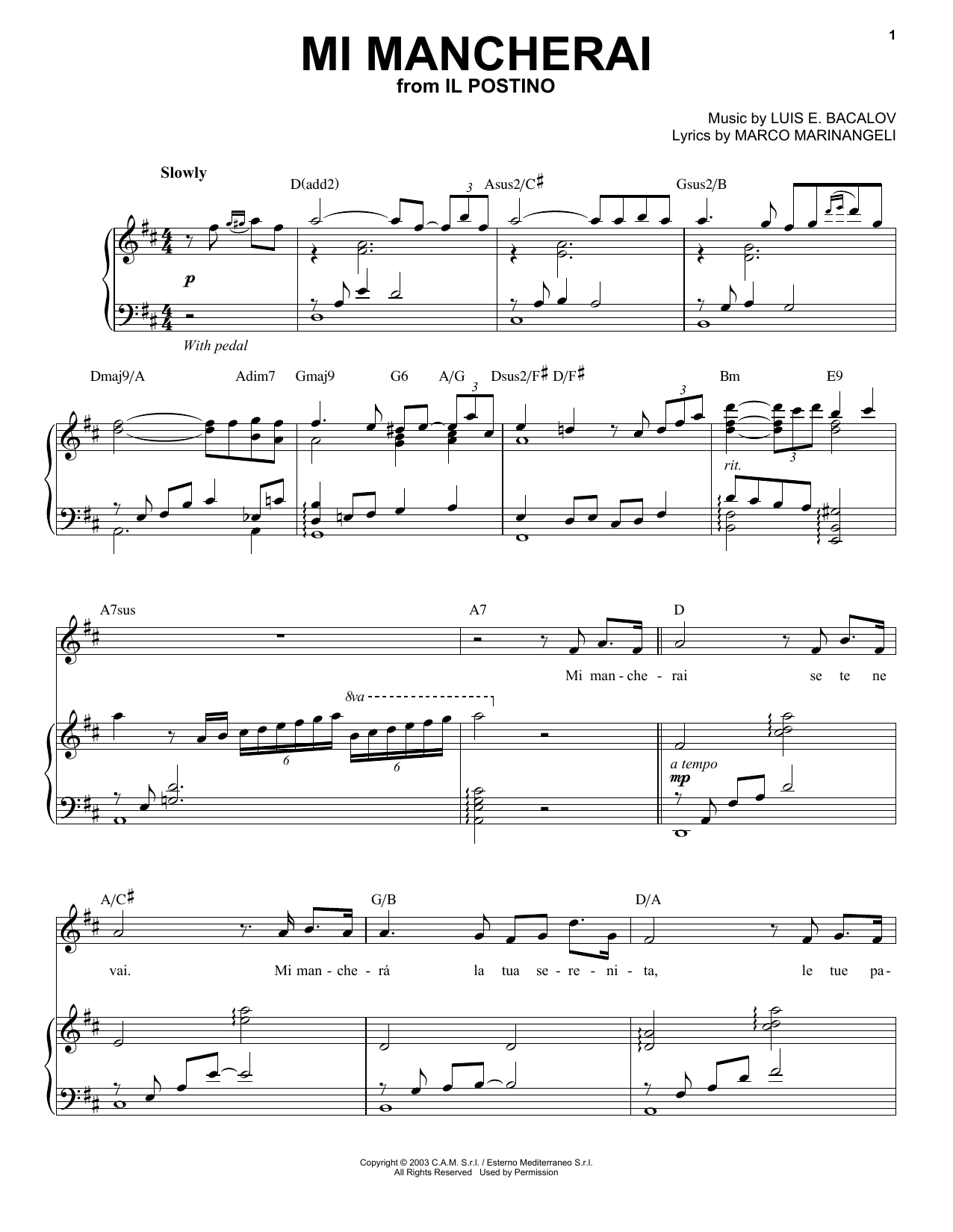 Andrea Bocelli Mi Mancherai sheet music notes and chords arranged for Piano & Vocal