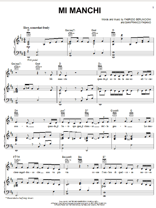 Andrea Bocelli Mi Manchi sheet music notes and chords arranged for Piano, Vocal & Guitar Chords (Right-Hand Melody)