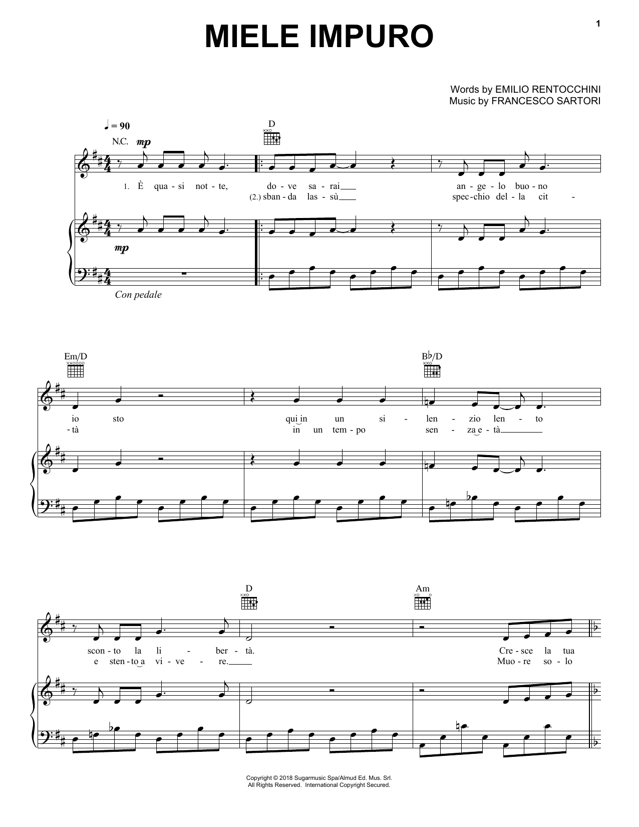 Andrea Bocelli Miele Impuro sheet music notes and chords arranged for Piano, Vocal & Guitar Chords (Right-Hand Melody)