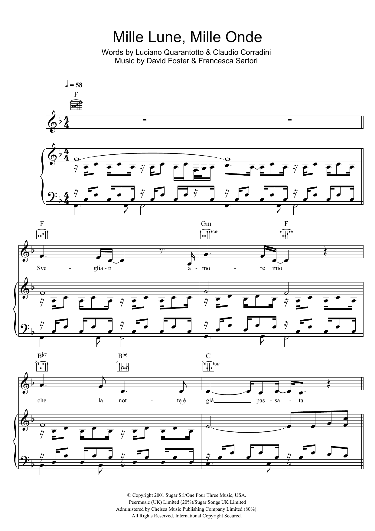 Andrea Bocelli Mille Lune Mille Onde sheet music notes and chords arranged for Piano, Vocal & Guitar Chords