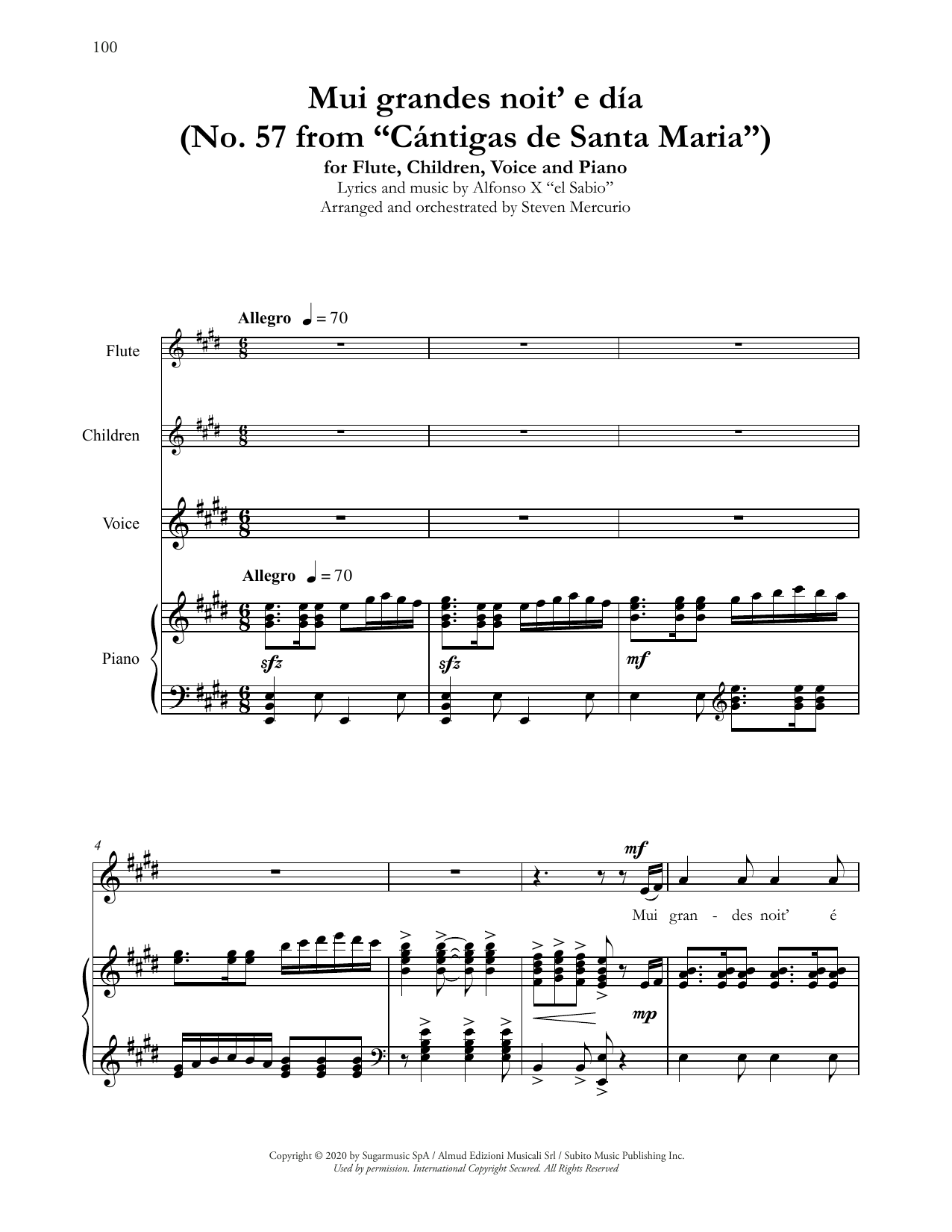 Andrea Bocelli Mui grandes noit' e día (No. 57 from Cántigas de Santa Maria) (arr. Steven Mercurio) sheet music notes and chords arranged for Piano & Vocal