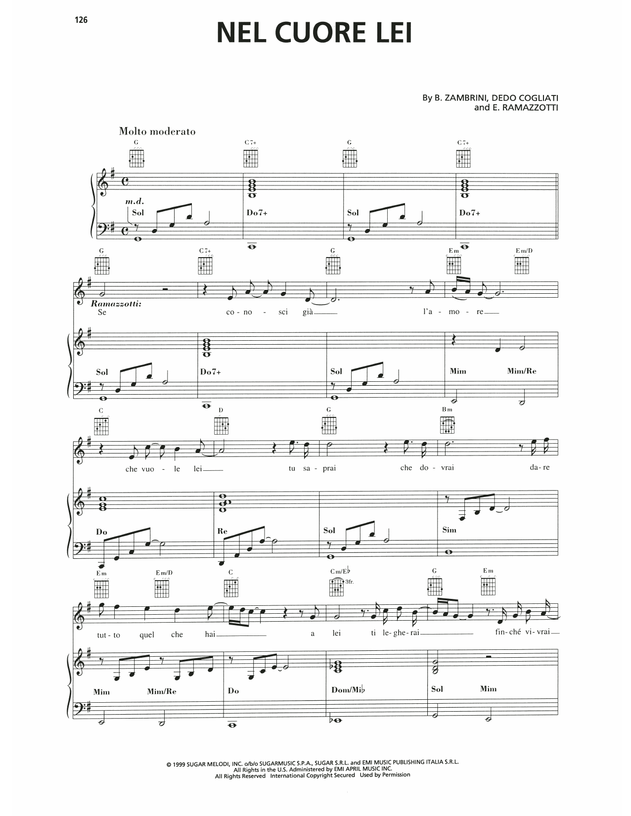 Andrea Bocelli Nel Cuore Lei sheet music notes and chords arranged for Piano, Vocal & Guitar Chords (Right-Hand Melody)