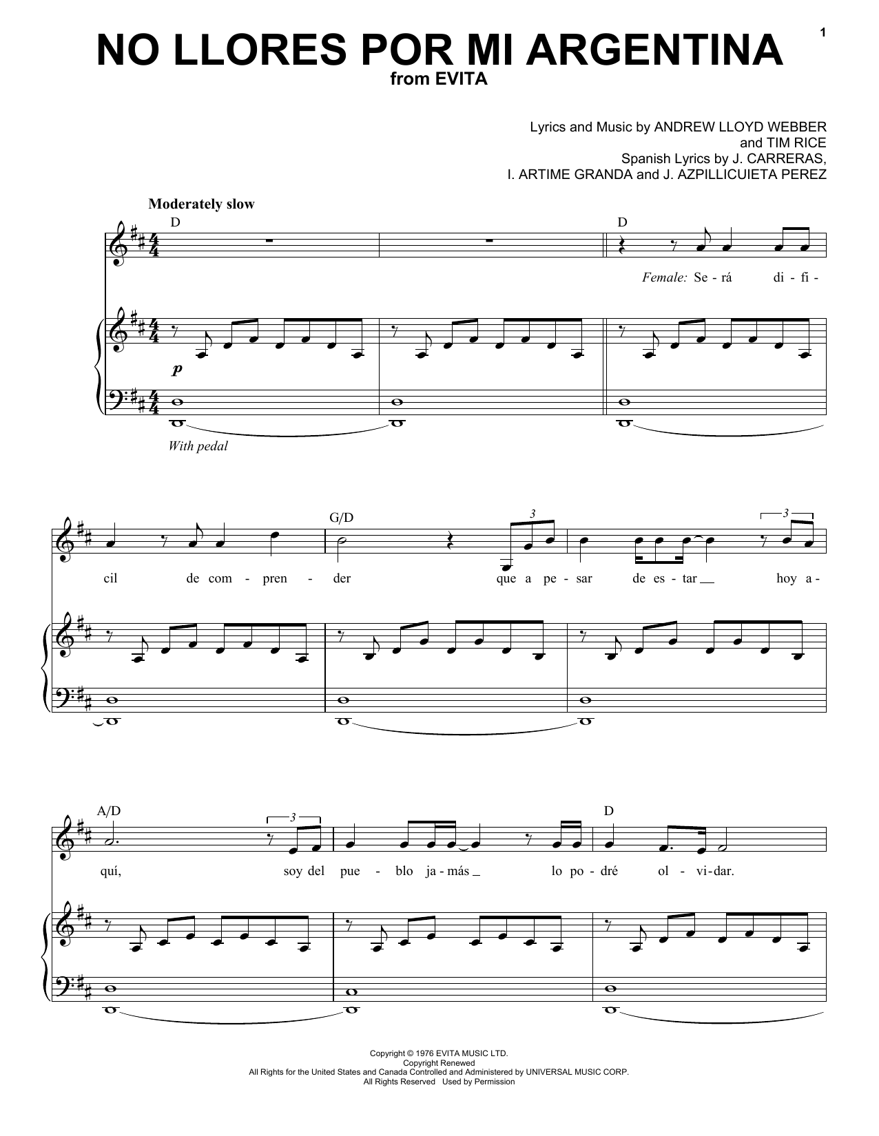 Andrea Bocelli No Llores Por Mi Argentia sheet music notes and chords arranged for Piano & Vocal