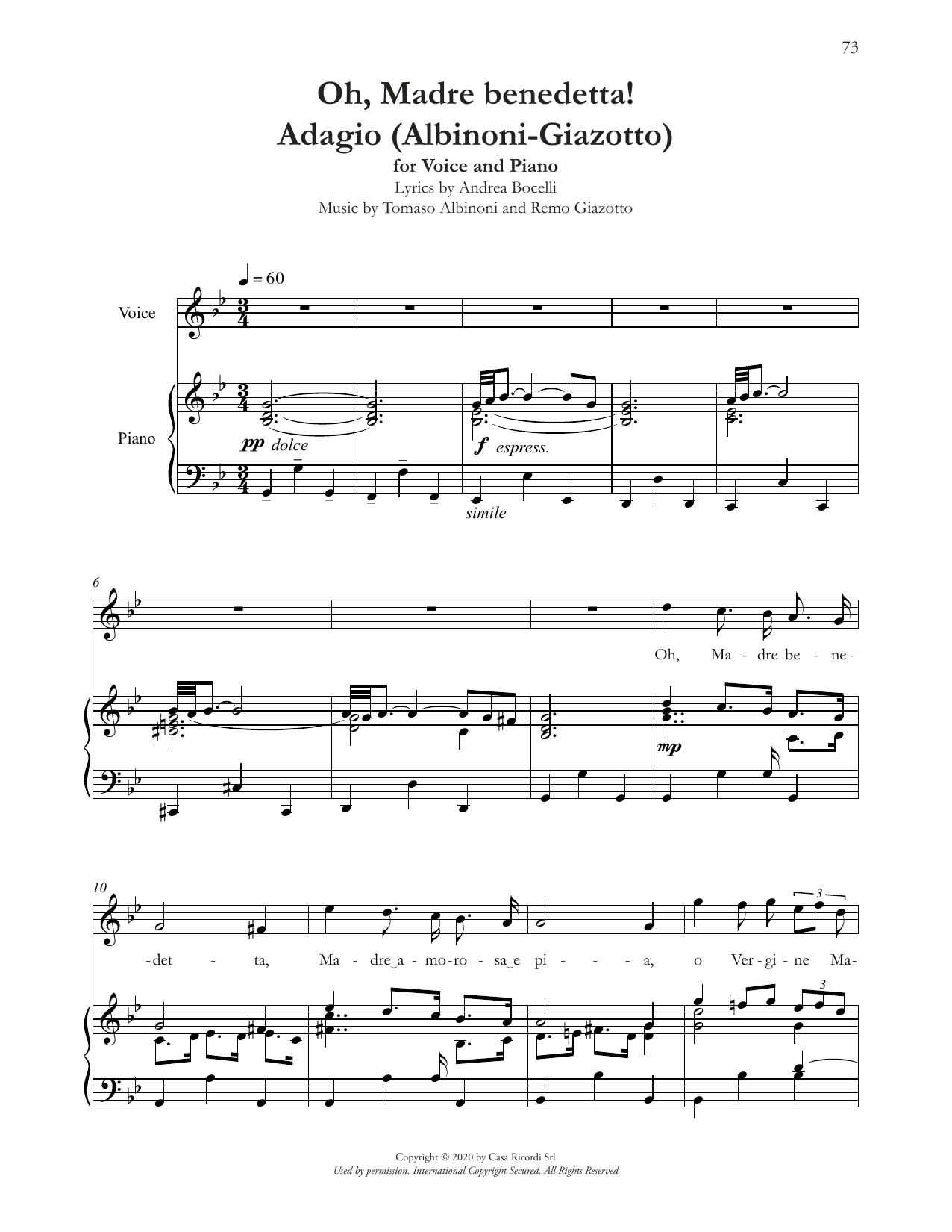 Andrea Bocelli Oh, Madre Benedetta! (Adagio Di Albinoni) sheet music notes and chords arranged for Piano & Vocal