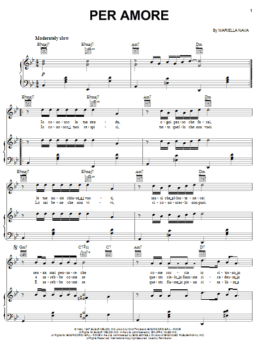 Andrea Bocelli Per Amore sheet music notes and chords arranged for Piano, Vocal & Guitar Chords (Right-Hand Melody)