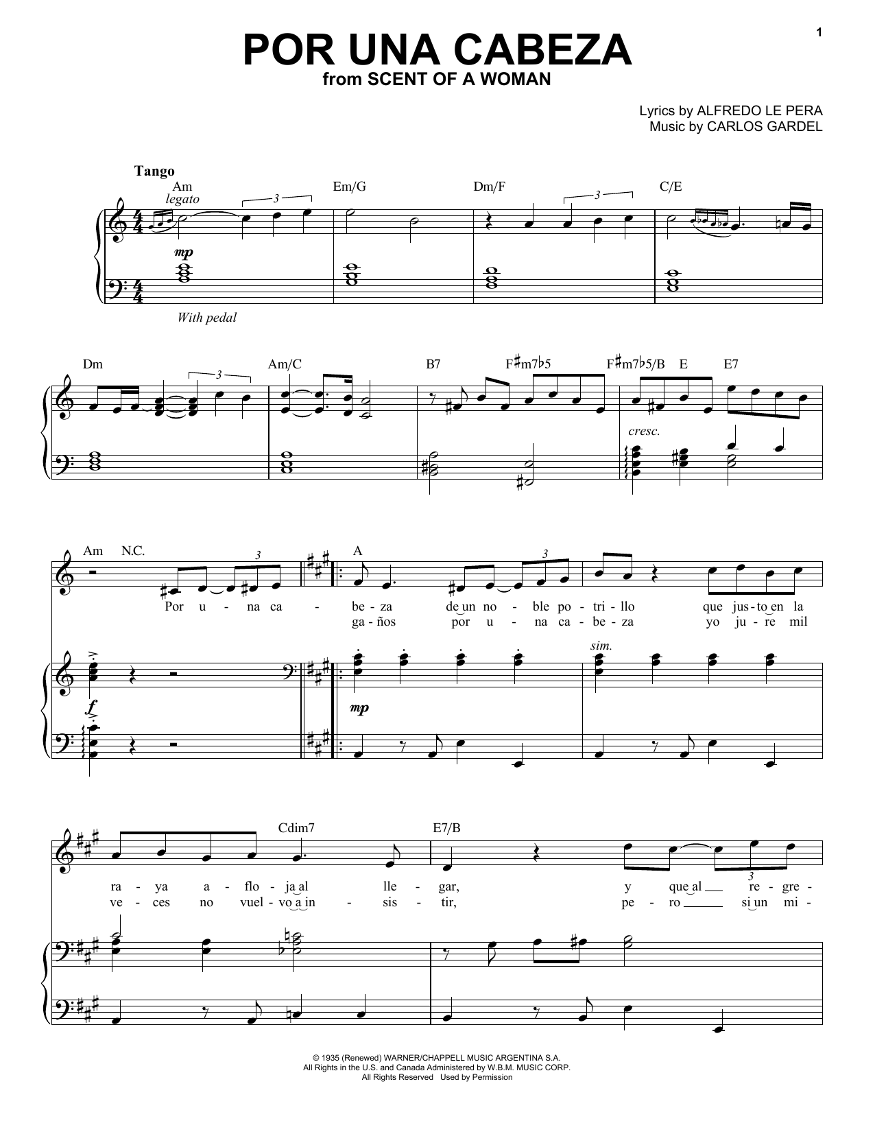 Andrea Bocelli Por Una Cabeza sheet music notes and chords arranged for Piano & Vocal
