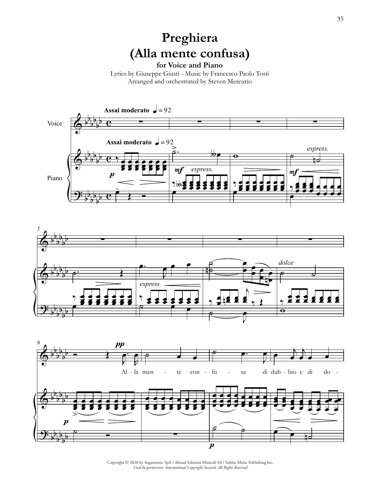 Andrea Bocelli Preghiera (Alla mente confusa) (arr. Steven Mercurio) sheet music notes and chords arranged for Piano & Vocal