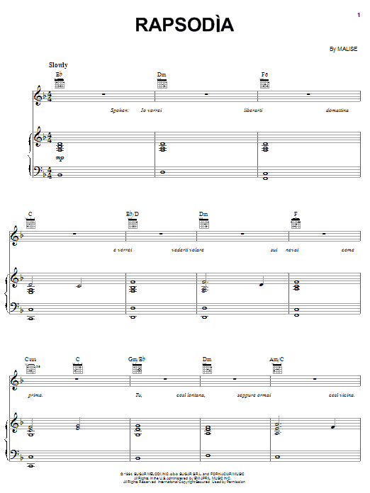 Andrea Bocelli Rapsodia sheet music notes and chords arranged for Piano, Vocal & Guitar Chords (Right-Hand Melody)
