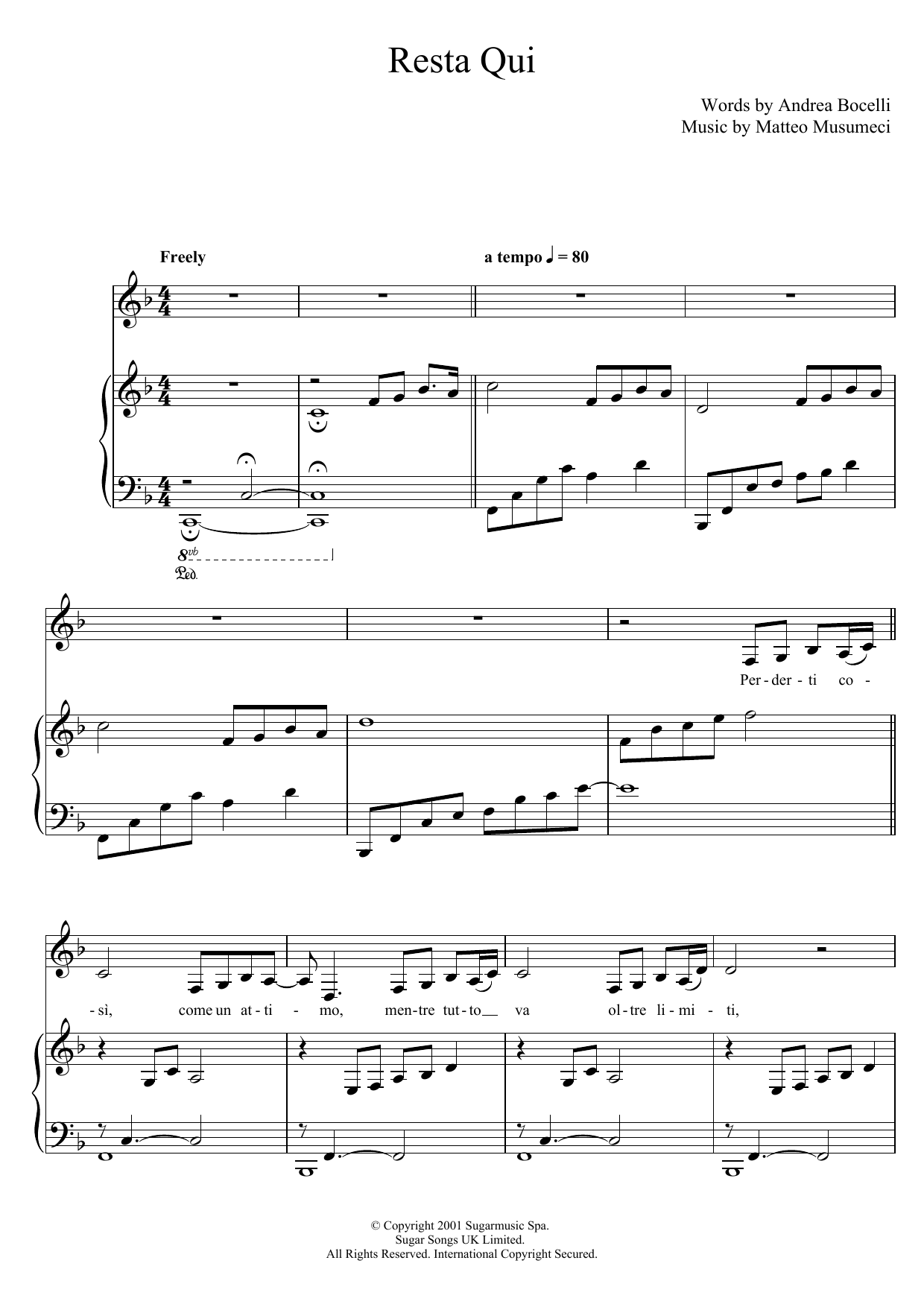 Andrea Bocelli Resta Qui sheet music notes and chords arranged for Piano, Vocal & Guitar Chords