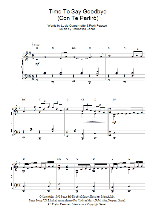 Andrea Bocelli Time To Say Goodbye (Con Te Partiro) sheet music notes and chords arranged for Piano, Vocal & Guitar Chords (Right-Hand Melody)