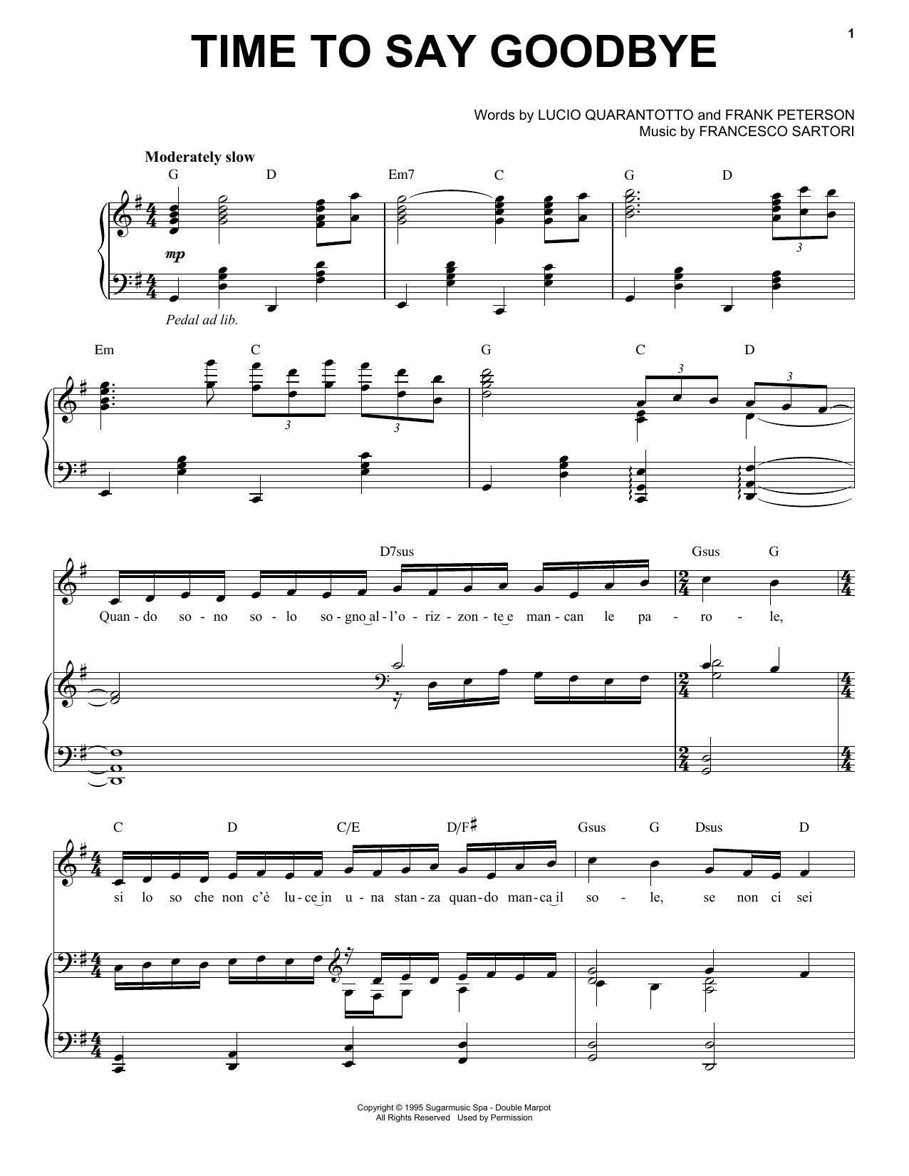 Andrea Bocelli Time To Say Goodbye sheet music notes and chords arranged for Piano & Vocal