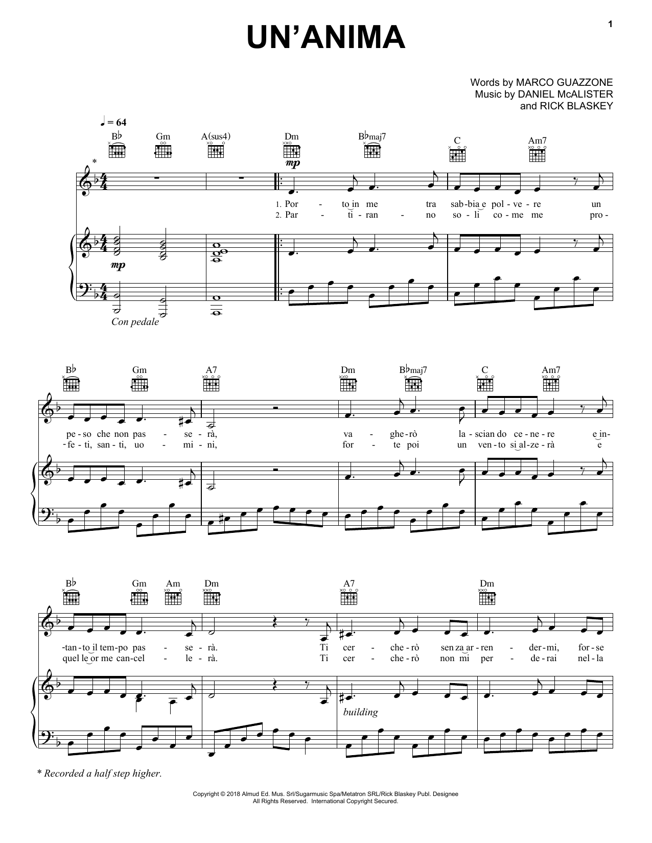 Andrea Bocelli Un'anima sheet music notes and chords arranged for Piano, Vocal & Guitar Chords (Right-Hand Melody)