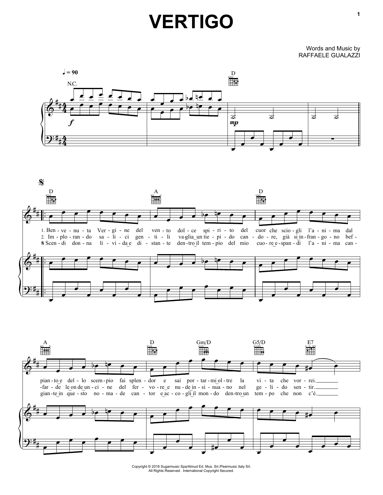Andrea Bocelli Vertigo sheet music notes and chords arranged for Piano, Vocal & Guitar Chords (Right-Hand Melody)
