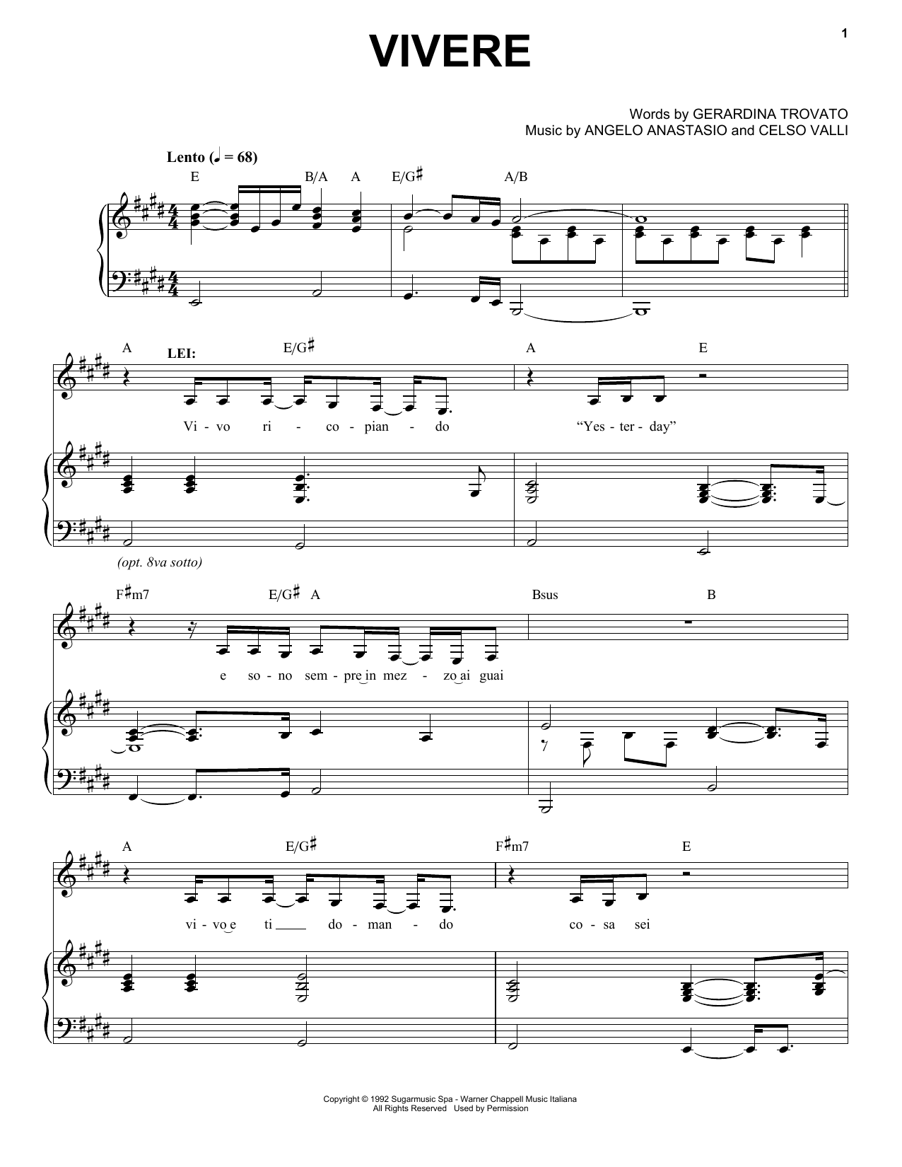 Andrea Bocelli Vivere sheet music notes and chords arranged for Piano & Vocal