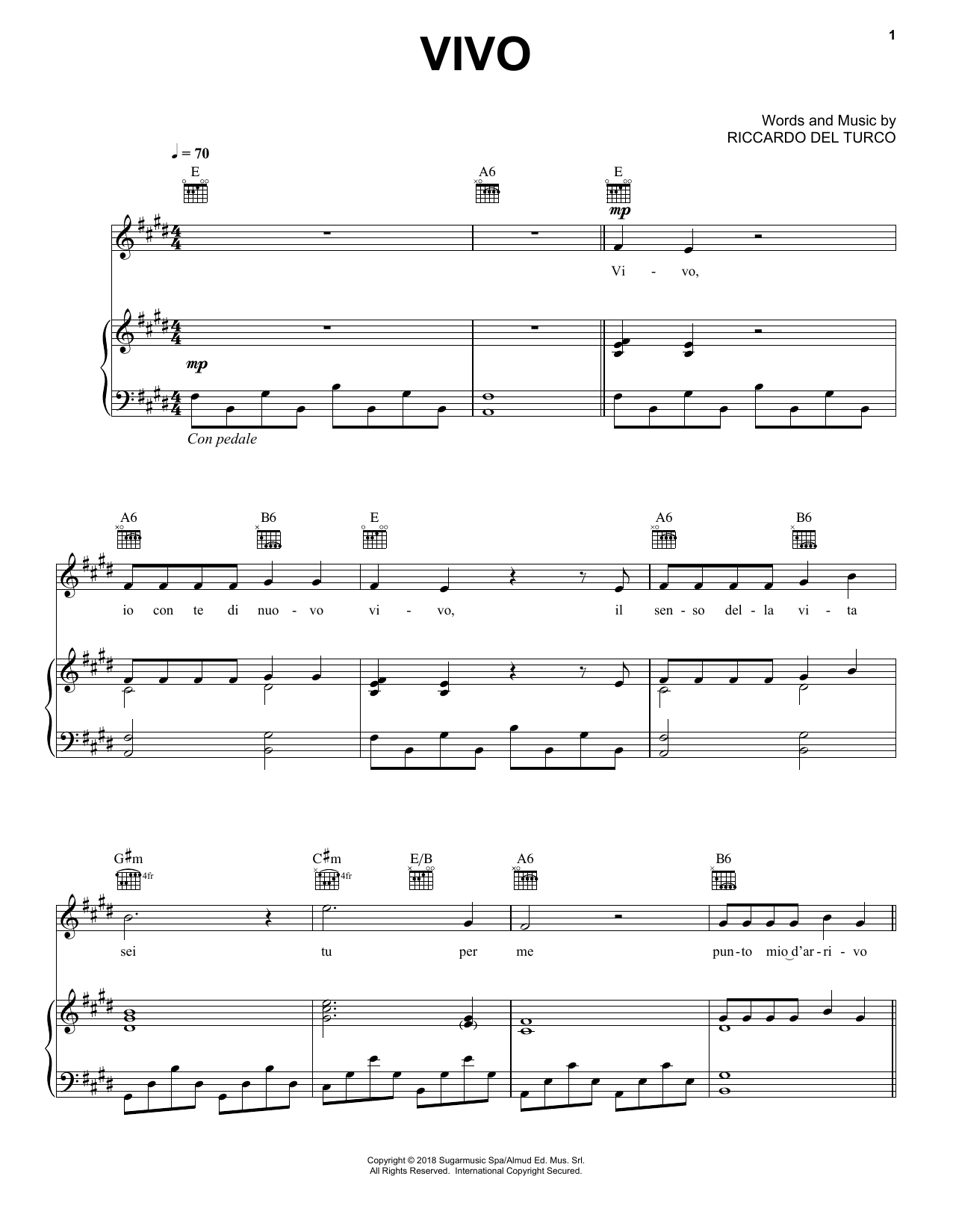 Andrea Bocelli Vivo sheet music notes and chords arranged for Piano, Vocal & Guitar Chords (Right-Hand Melody)