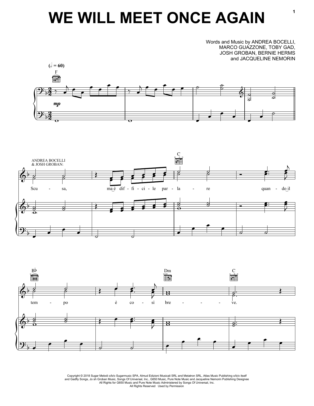 Andrea Bocelli We Will Meet Once Again (feat. Josh Groban) sheet music notes and chords arranged for Piano, Vocal & Guitar Chords (Right-Hand Melody)