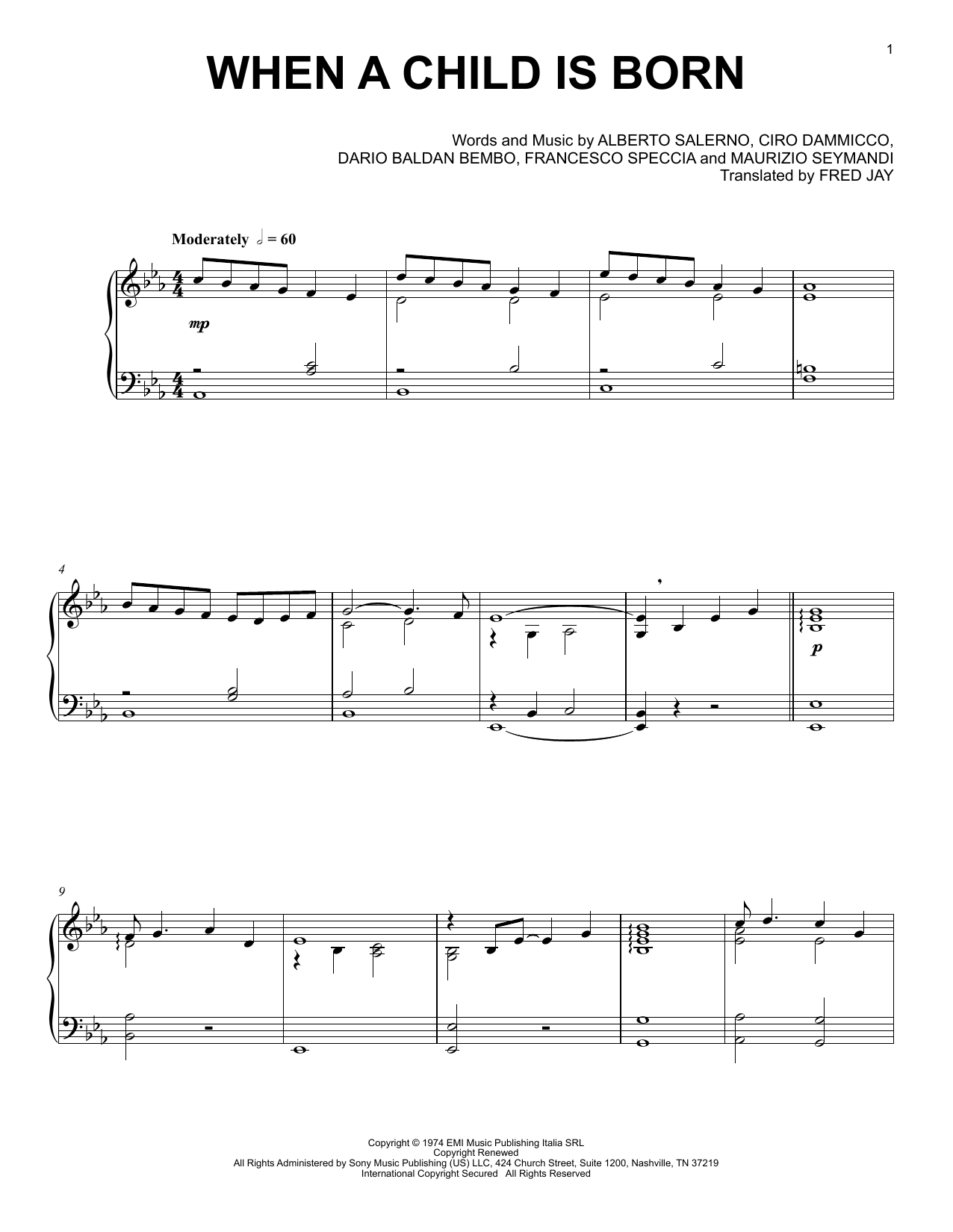 Andrea Bocelli When A Child Is Born sheet music notes and chords arranged for Piano Solo