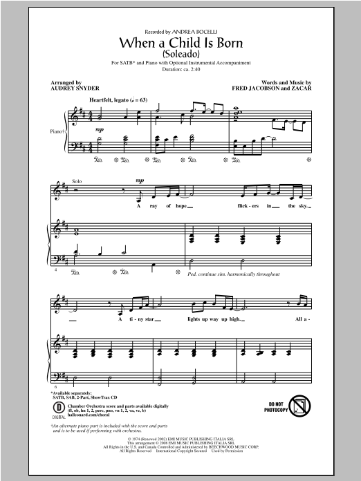 Andrea Bocelli When A Child Is Born (Soleado) (arr. Audrey Snyder) sheet music notes and chords arranged for 2-Part Choir