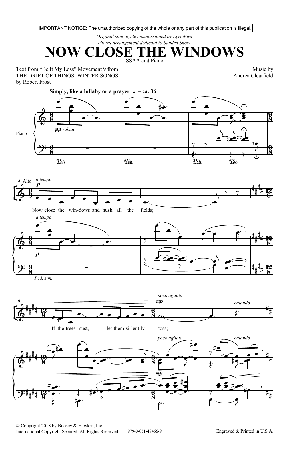 Andrea Clearfield Now Close The Windows sheet music notes and chords arranged for SSA Choir