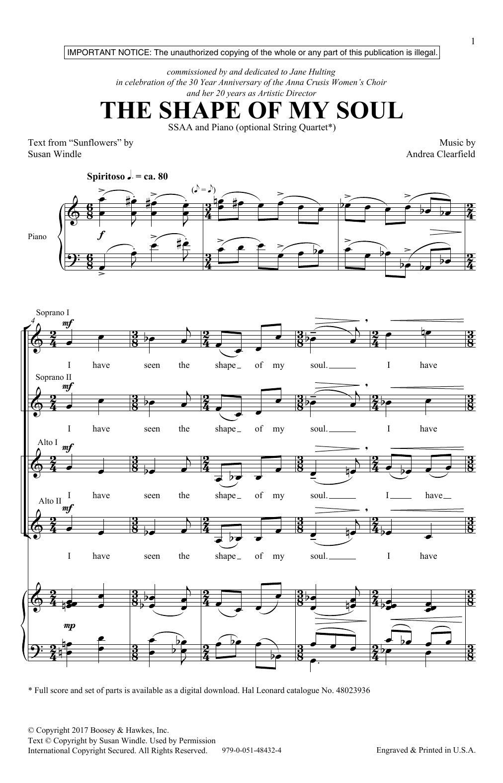Andrea Clearfield The Shape Of My Soul sheet music notes and chords arranged for SSA Choir