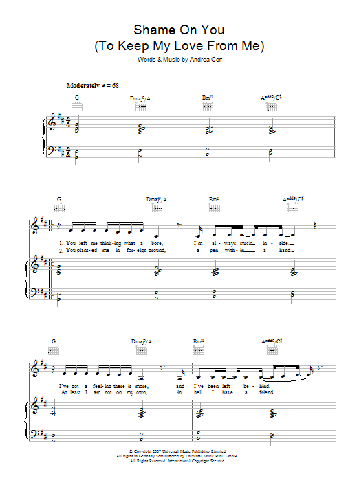 Andrea Corr Shame On You (To Keep My Love From Me) sheet music notes and chords arranged for Piano, Vocal & Guitar Chords