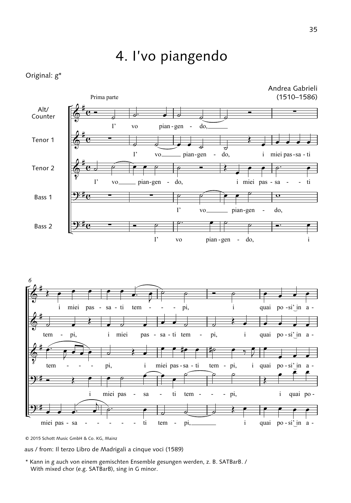 Andrea Gabrieli I'vo piagendo sheet music notes and chords arranged for Choir