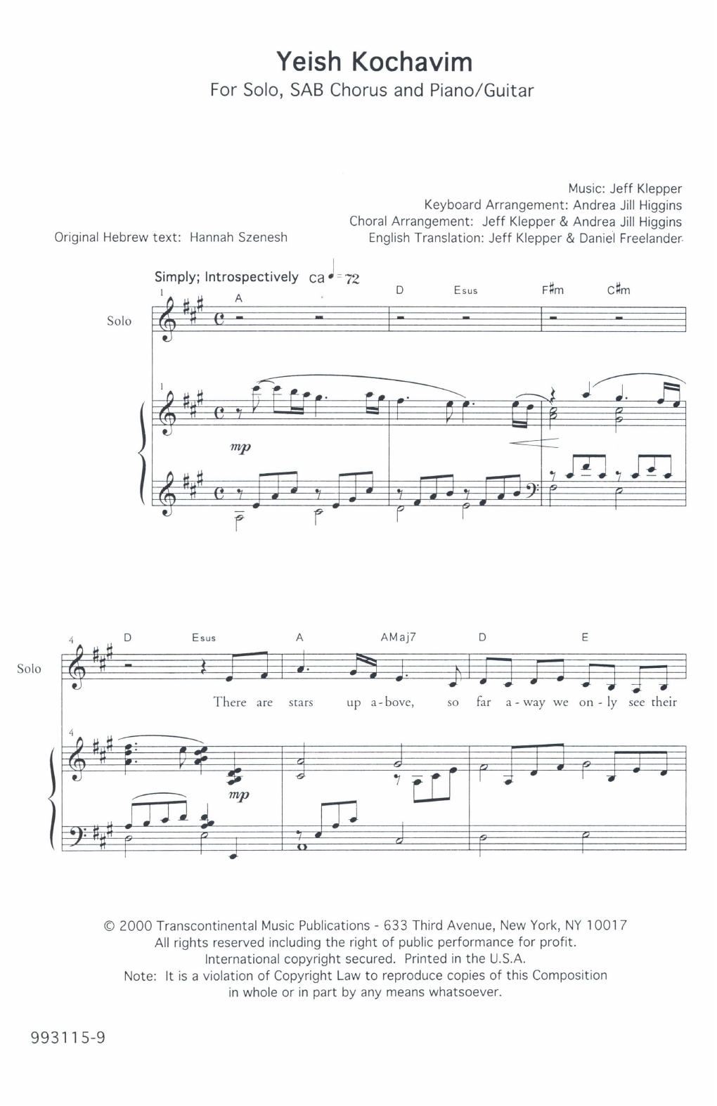 Andrea Jill Higgins Yeish Kochavim (There Are Stars) sheet music notes and chords arranged for 3-Part Mixed Choir