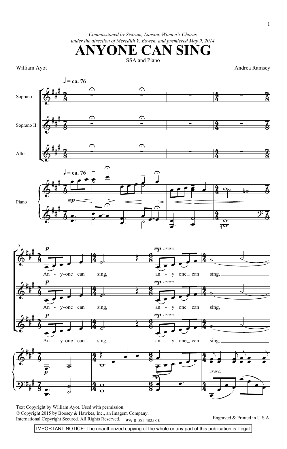 Andrea Ramsey Anyone Can Sing sheet music notes and chords arranged for SSA Choir