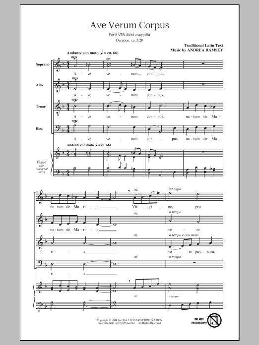 Andrea Ramsey Ave Verum Corpus sheet music notes and chords arranged for SATB Choir