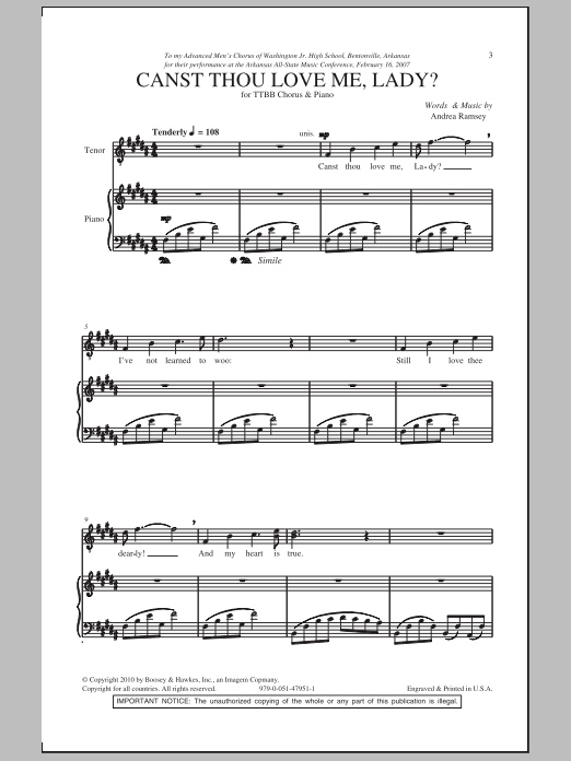 Andrea Ramsey Canst Thou Love Me, Lady? sheet music notes and chords arranged for TTBB Choir