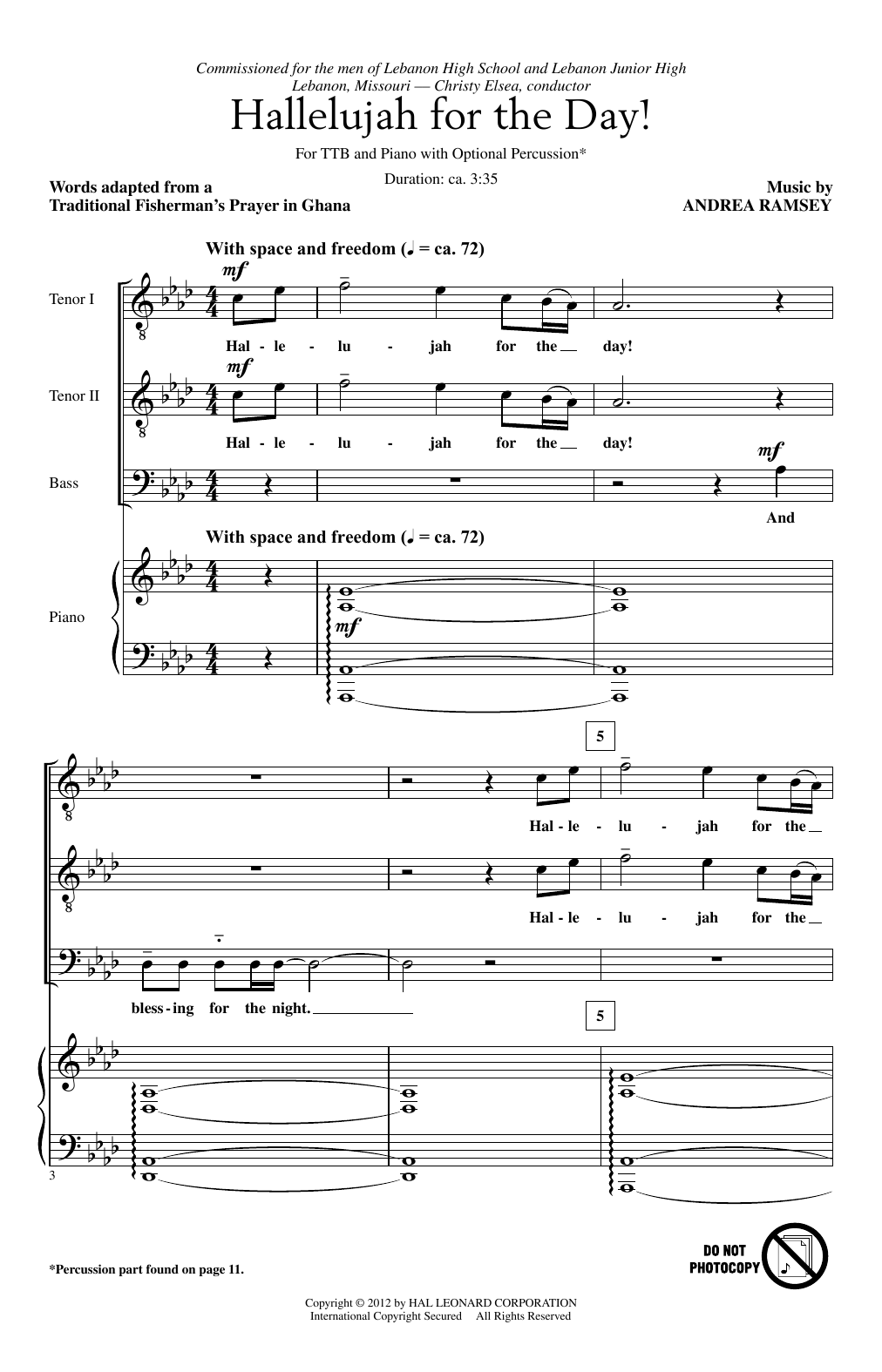 Andrea Ramsey Hallelujah For The Day! sheet music notes and chords arranged for TTBB Choir