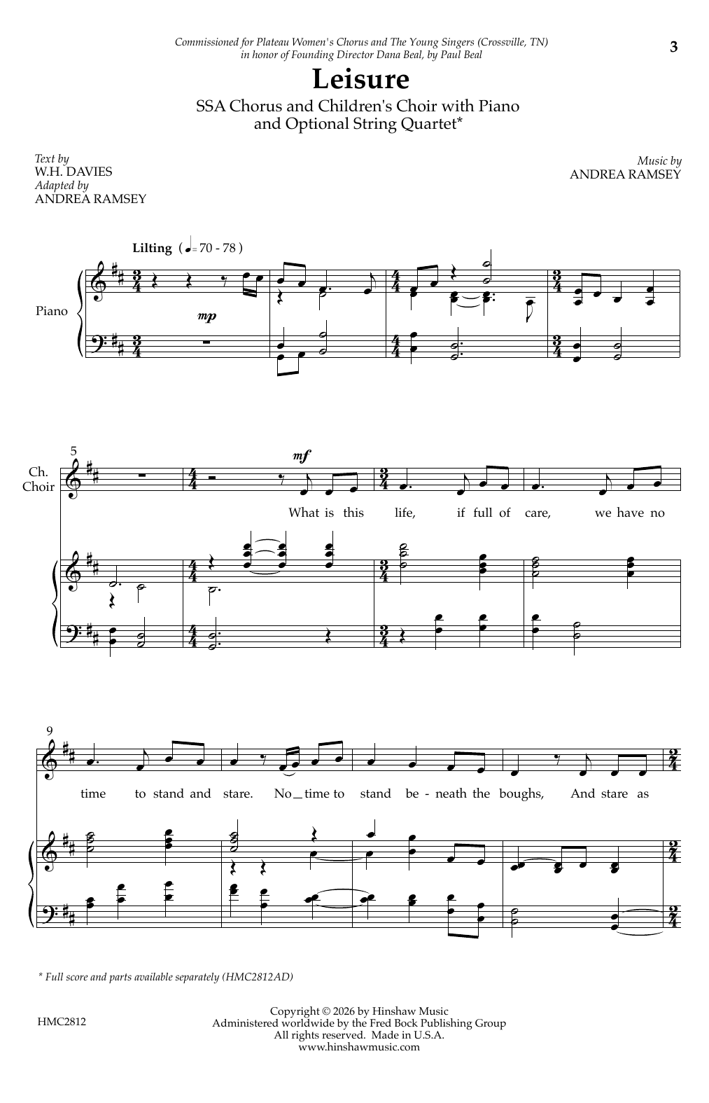Andrea Ramsey Leisure sheet music notes and chords arranged for SSA Choir